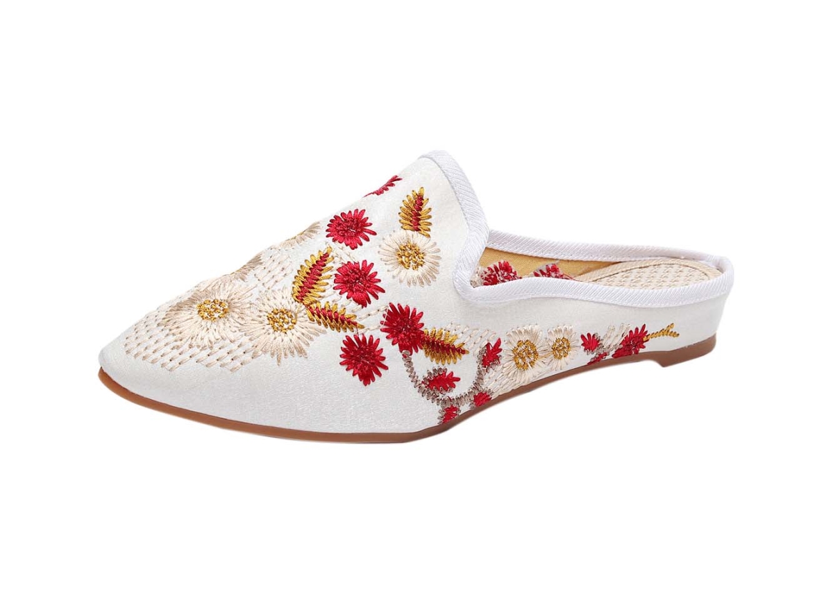 PL-CLO2229582011-KELLY02139-RP Womens Pointed Toe Backless Floral Embroidery Lazy Loafers Flat Sandals, White, Size 38-39 M EU