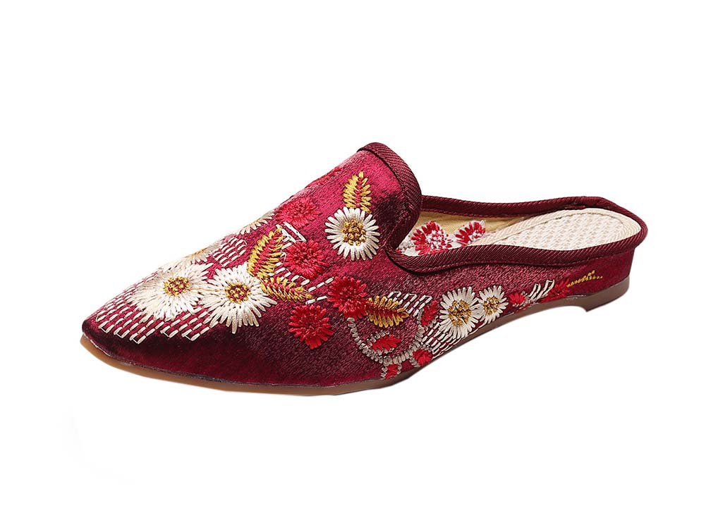 Womens Pointed Toe Backless Floral Embroidery Lazy Loafers Flat Sandals, Wine Red, Size 38-39 M EU