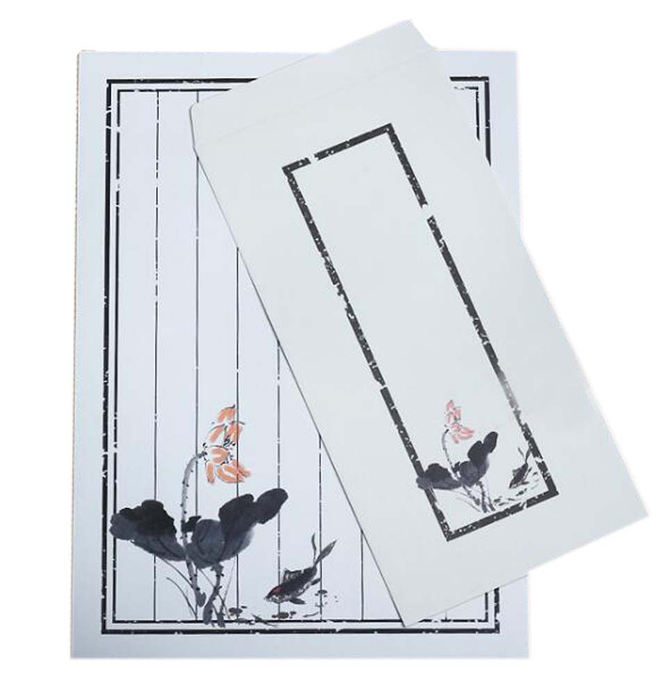 PS-OFF490804011-YAN01892 Chinese Style Vintage Envelope Set Poetic Writing Paper Greeting Cards, Lotus - Set of 10