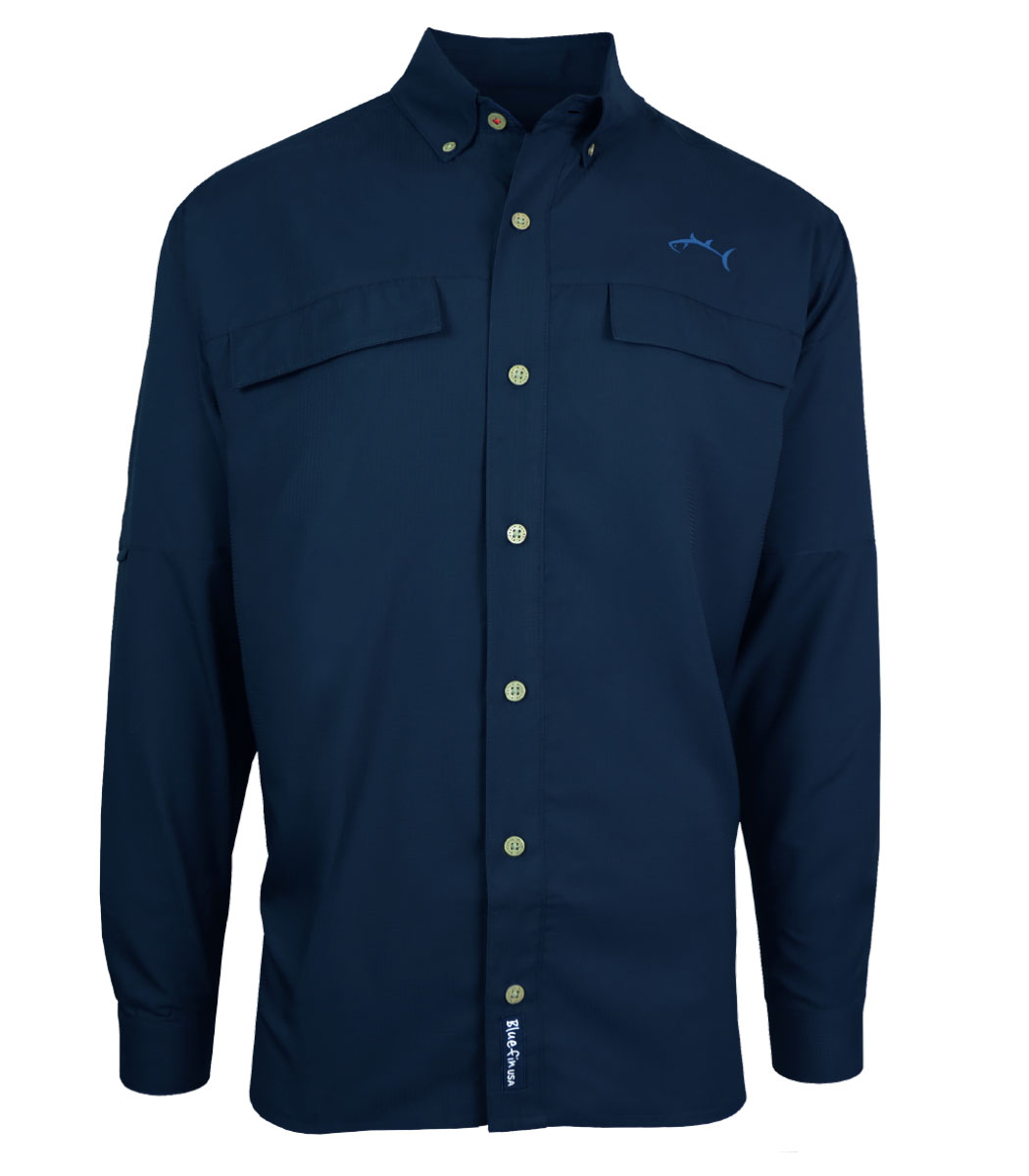 Long Sleeve Performance Solid Sport Shirt, Navy - Large