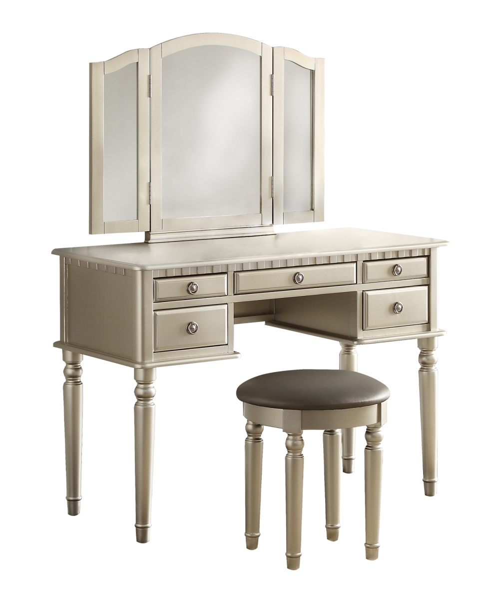 Picture of Poundex F4079 43 x 19 x 54 in. Wooden Makeup Vanity Set Desk&#44; Mirror & Stool - Silver
