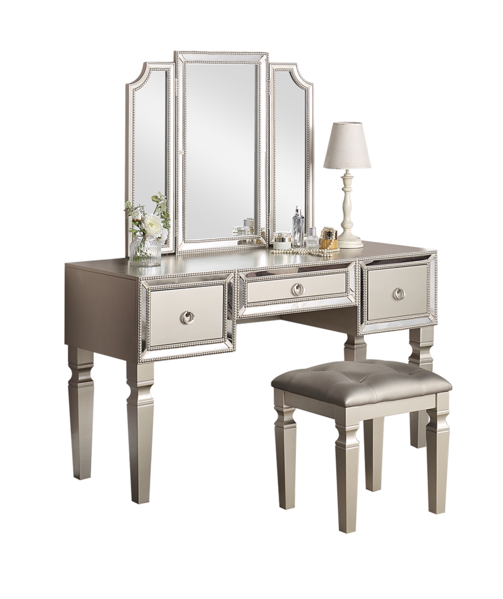 Picture of Poundex F4218 54 x 19 x 60 in. Wooden Makeup Vanity Set with Tri-fold Mirror & Stool - Silver