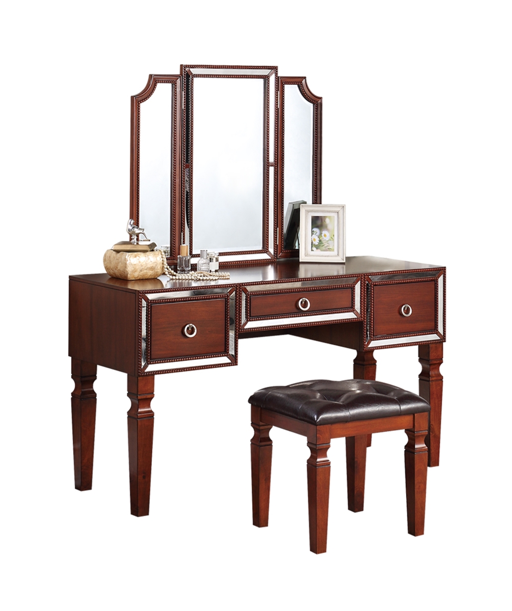 Picture of Poundex F4220 54 x 19 x 60 in. Wooden Makeup Vanity Set with Tri-fold Mirror & Stool - Cherry