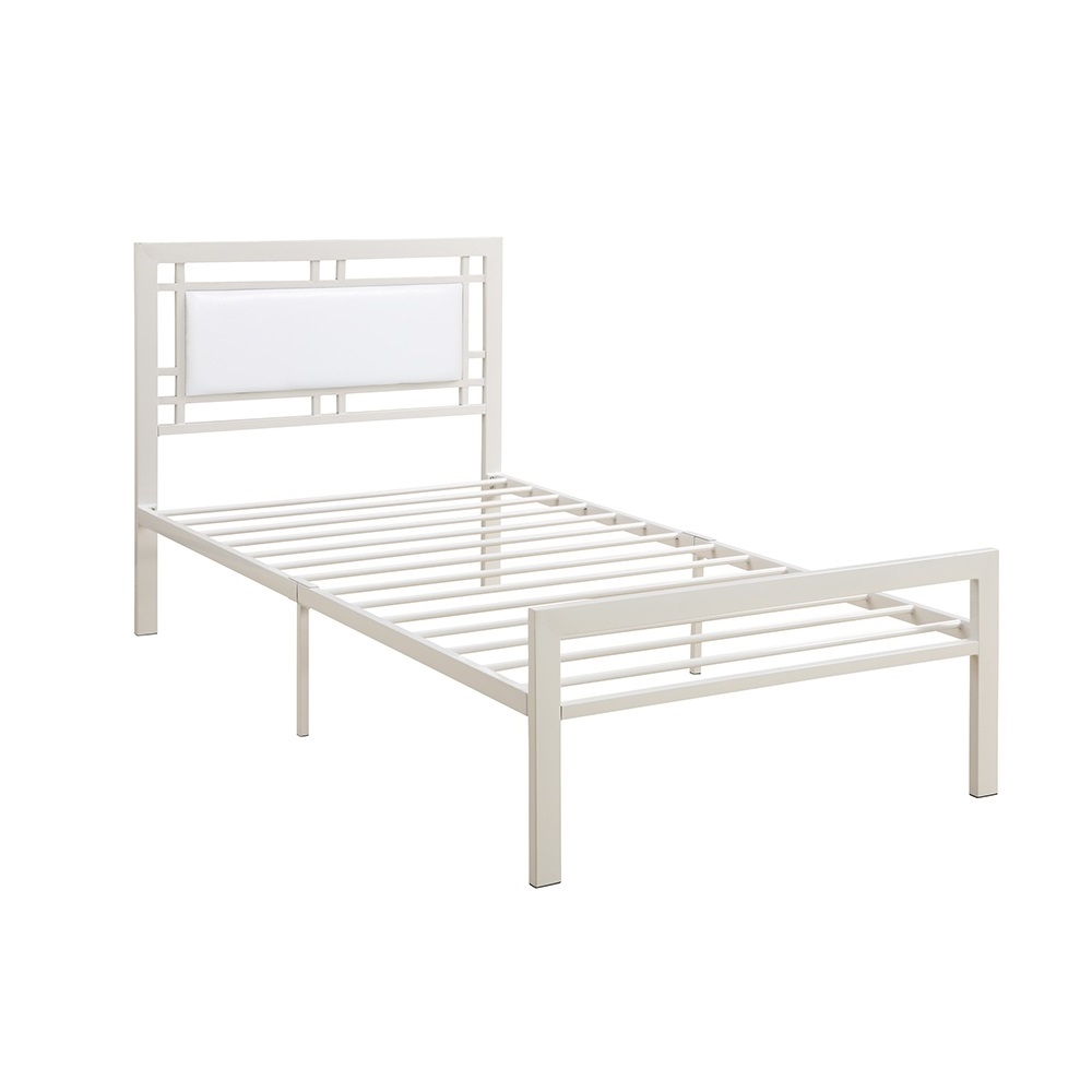 Twin Metal Bed Frame with Slats in White with Faux Leather Panel -  KD Gabinetes, KD4347513