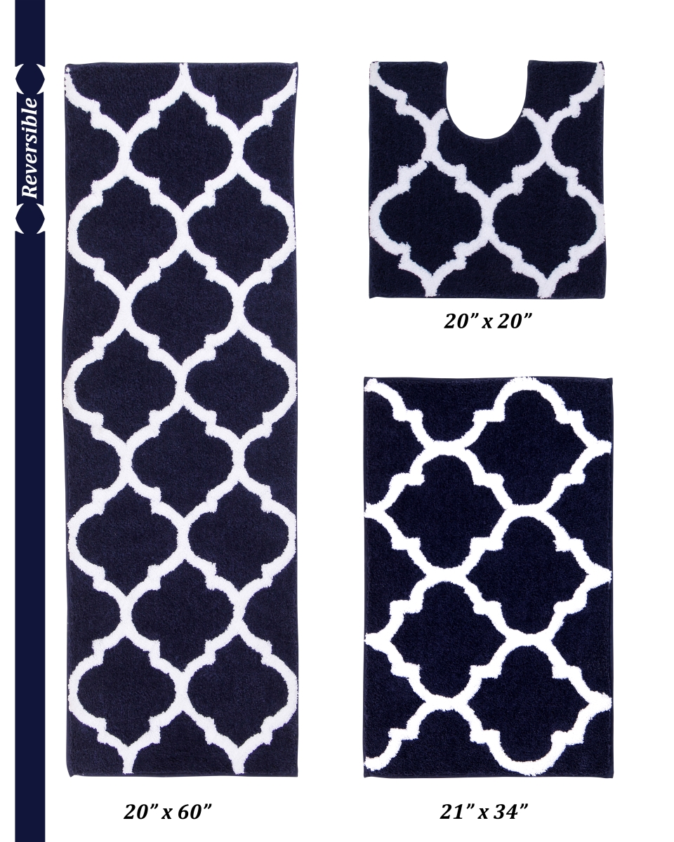 Marrakesh Collection 100% Polyester  3 Piece Set (20' x 20' | 21' x 34' | 20' x 60') Bath Rug Set in Navy -  Better Trends, BAMA3PC202160NV