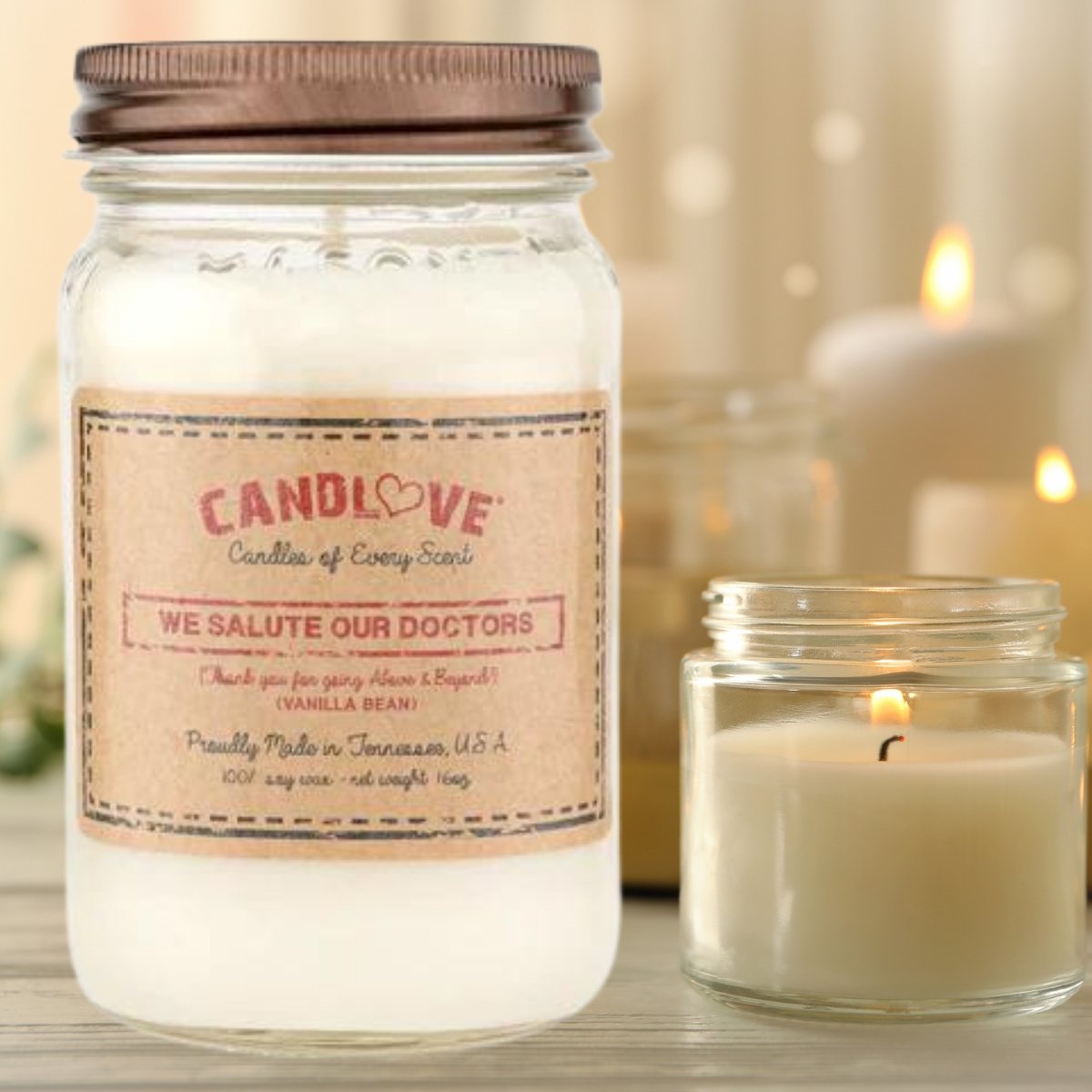Picture of PPI SUPPLIES Vanilla-DR--C Candlove Vanilla We Salute Drs Scented Candle - Non-Toxic 100% Soy Candle - Handmade & Hand Poured Long Burning Candle - Highly Scented All Natural Clean Burning Candle (16 OZ Mason Jar) Made in The USA