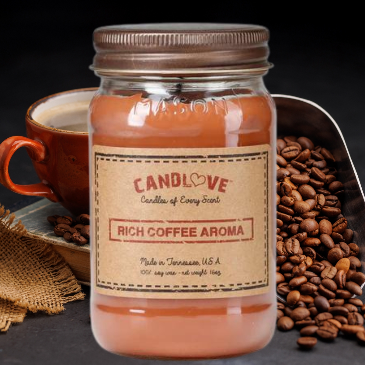 Picture of PPI SUPPLIES Rich -CA-C Candlove Rich Coffee Aroma Scented Candle - Non-Toxic 100% Soy Candle - Handmade & Hand Poured Long Burning Candle - Highly Scented All Natural Clean Burning Candle (16 OZ Mason Jar) Made in The USA