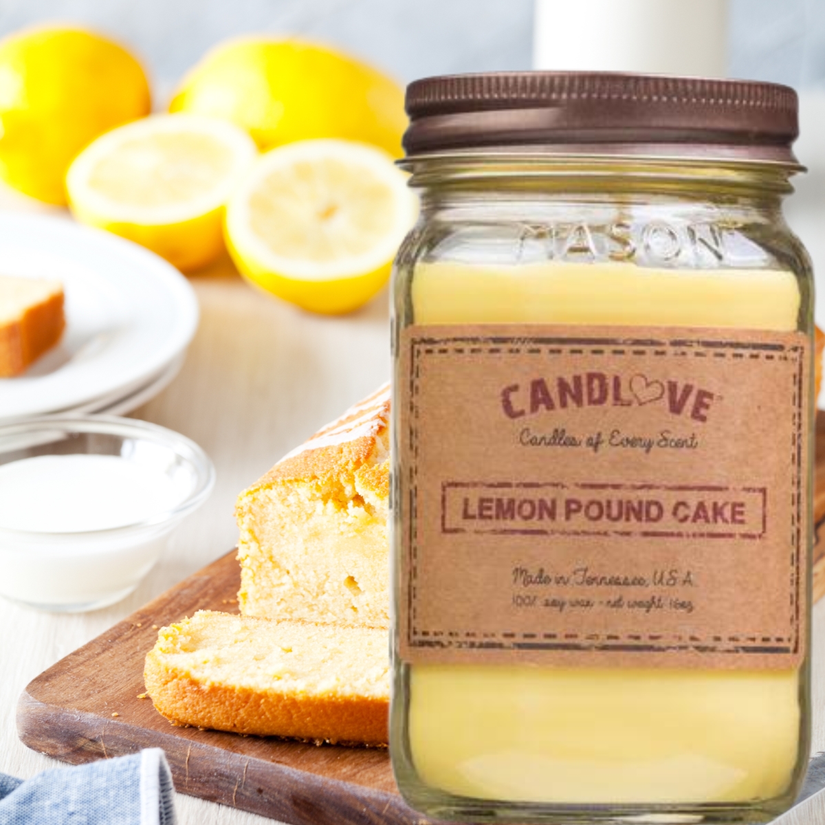 Picture of PPI SUPPLIES Lemon-P-C Candlove Lemon Pound Cake Scented Candle - Non-Toxic 100% Soy Candle - Handmade & Hand Poured Long Burning Candle - Highly Scented All Natural Clean Burning Candle (16 OZ Mason Jar) Made in The USA