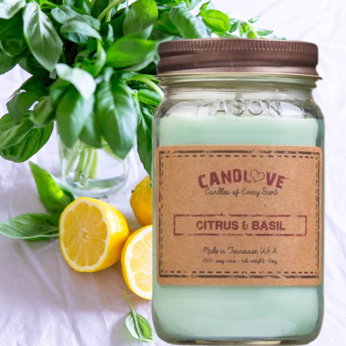 Picture of PPI SUPPLIES Citrus-B-C Candlove Citrus Basil Scented Candle - Non-Toxic 100% Soy Candle - Handmade & Hand Poured Long Burning Candle - Highly Scented All Natural Clean Burning Candle (16 OZ Mason Jar) Made in The USA