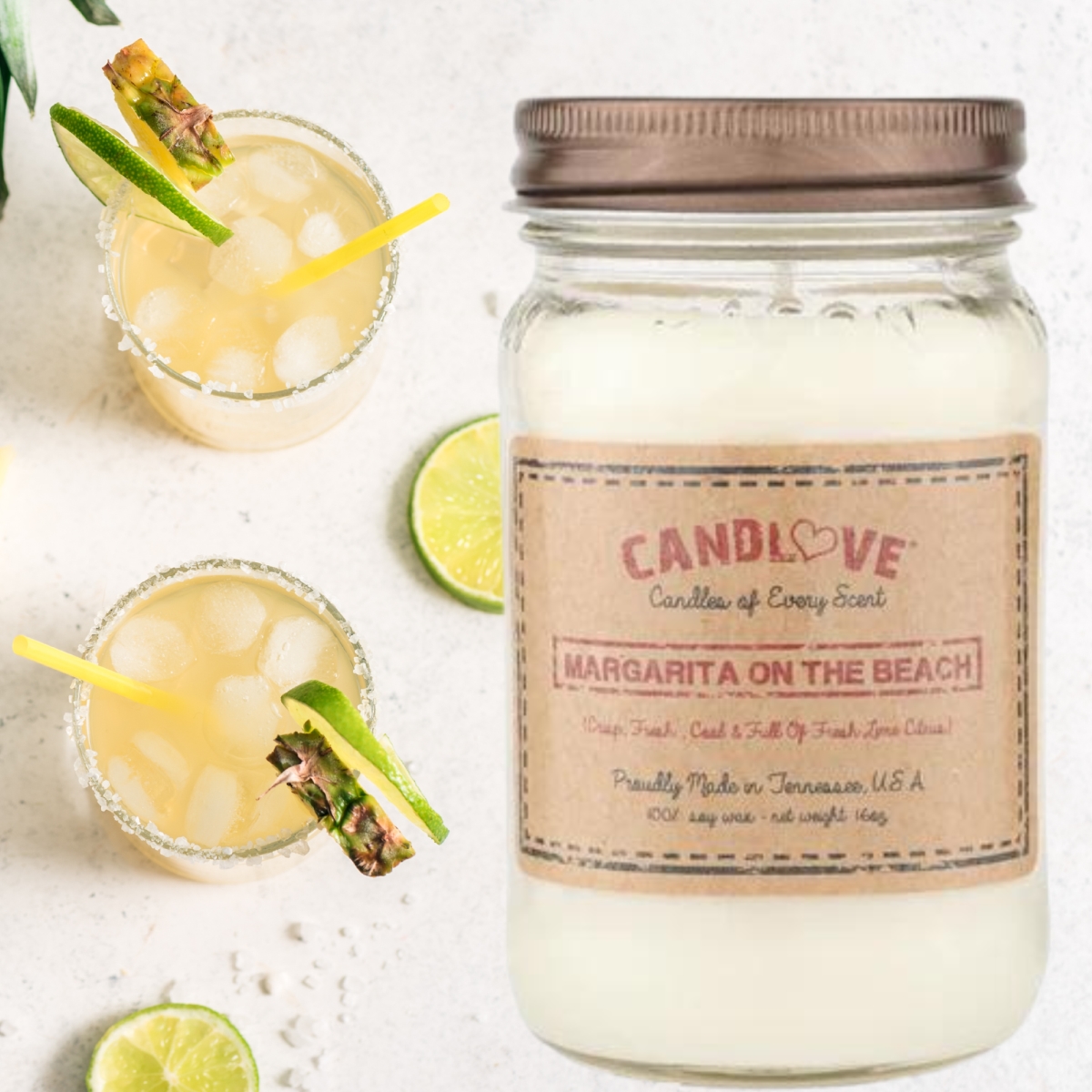 Picture of PPI SUPPLIES Margarita-C Candlove Margarita On The Beach Scented Candle - Non-Toxic 100% Soy Candle - Handmade & Hand Poured Long Burning Candle - Highly Scented All Natural Clean Burning Candle (16 OZ Mason Jar) Made in The USA