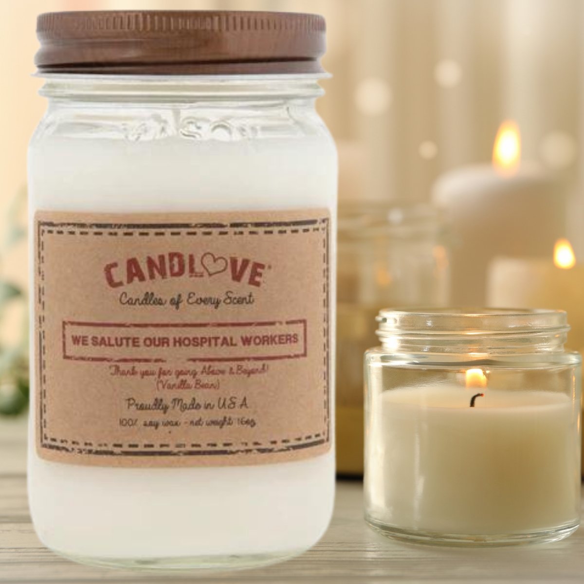 Picture of PPI SUPPLIES Vanilla-H-C Candlove Vanilla We Salute Hospital Workers Scented Candle - Non-Toxic 100% Soy Candle - Handmade & Hand Poured Long Burning Candle - Highly Scented All Natural Clean Burning Candle (16 OZ Mason Jar) Made in The USA