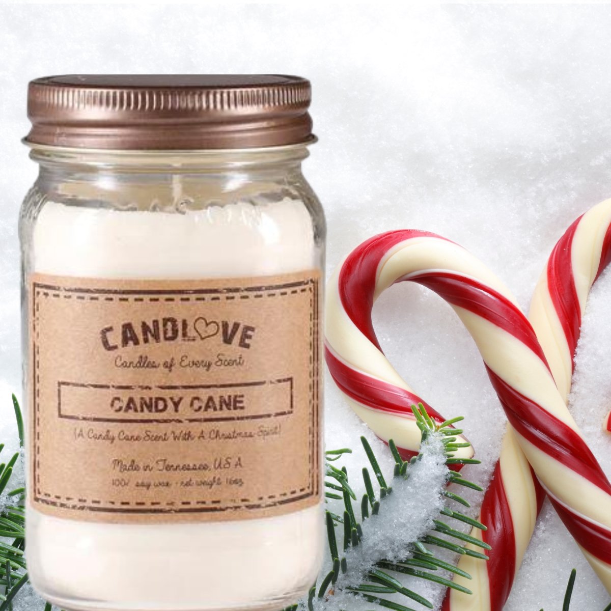 Picture of PPI SUPPLIES Candy-C-C Candlove Candy Cane Scented Candle - Non-Toxic 100% Soy Candle - Handmade & Hand Poured Long Burning Candle - Highly Scented All Natural Clean Burning Candle (16 OZ Mason Jar) Made in The USA