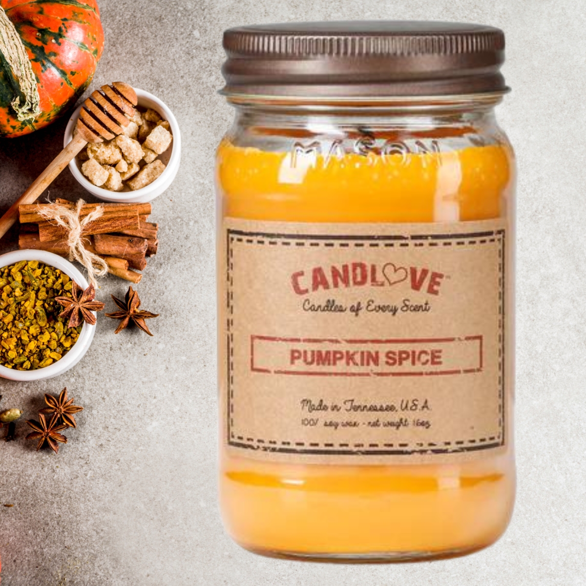 Picture of PPI SUPPLIES Pumpkin-C Candlove Pumpkin Spice Scented Candle - Non-Toxic 100% Soy Candle - Handmade & Hand Poured Long Burning Candle - Highly Scented All Natural Clean Burning Candle (16 OZ Mason Jar) Made in The USA