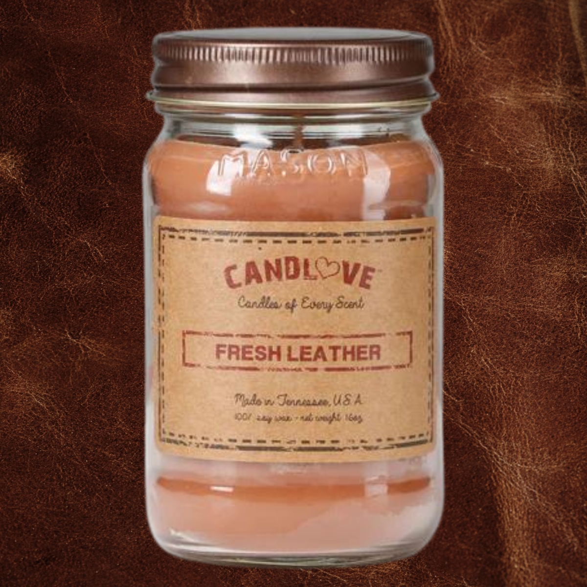 Picture of PPI SUPPLIES Fresh-L-C Candlove Fresh Leather Scented Candle - Non-Toxic 100% Soy Candle - Handmade & Hand Poured Long Burning Candle - Highly Scented All Natural Clean Burning Candle (16 OZ Mason Jar) Made in The USA
