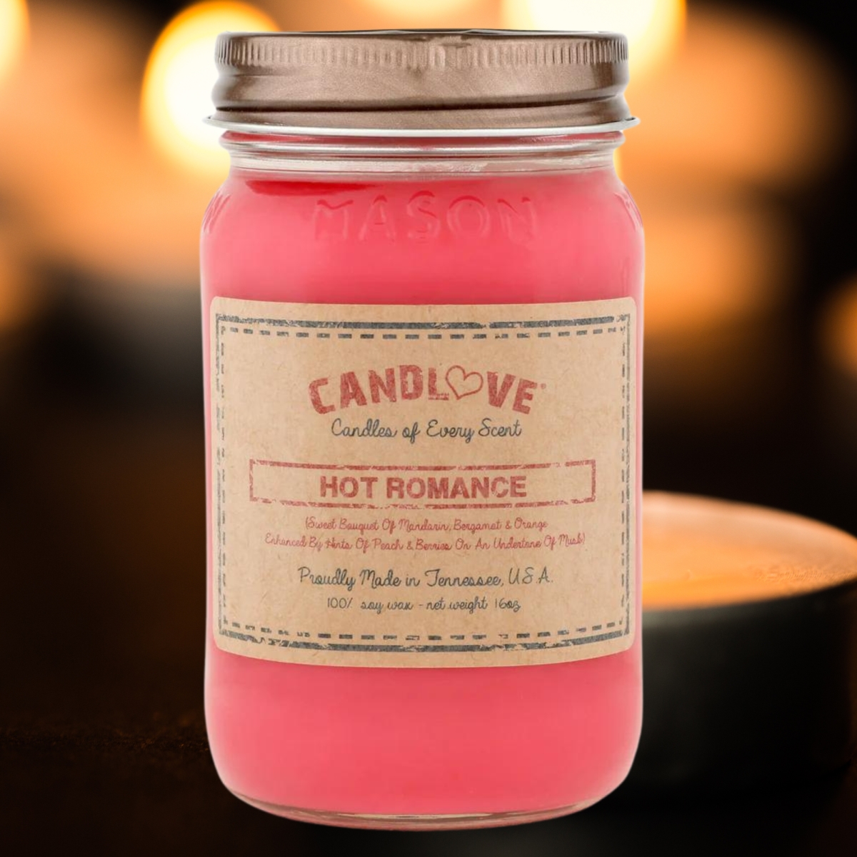 Picture of PPI SUPPLIES Hot-R-C Candlove Hot Romance Scented Candle - Non-Toxic 100% Soy Candle - Handmade & Hand Poured Long Burning Candle - Highly Scented All Natural Clean Burning Candle (16 OZ Mason Jar) Made in The USA
