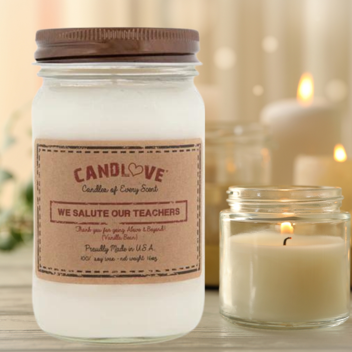 Picture of PPI SUPPLIES Vanilla-T-C Candlove Vanilla We Salute Teachers Scented Candle - Non-Toxic 100% Soy Candle - Handmade & Hand Poured Long Burning Candle - Highly Scented All Natural Clean Burning Candle (16 OZ Mason Jar) Made in The USA