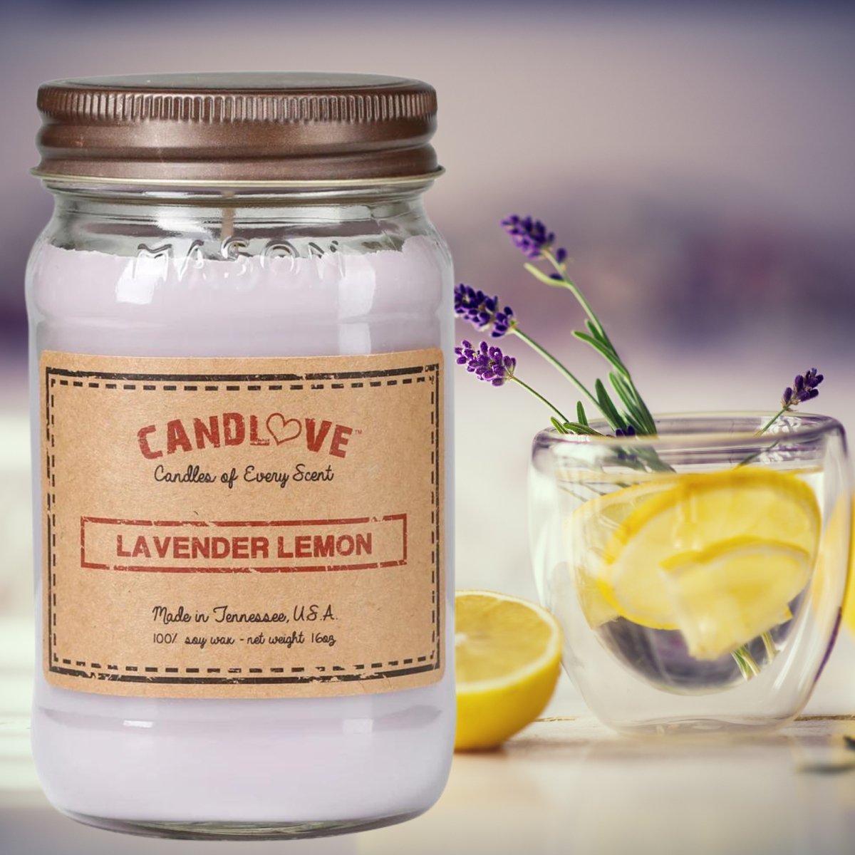Picture of PPI SUPPLIES Lavender-L-C Candlove Lavender Lemon Scented Candle - Non-Toxic 100% Soy Candle - Handmade & Hand Poured Long Burning Candle - Highly Scented All Natural Clean Burning Candle (16 OZ Mason Jar) Made in The USA