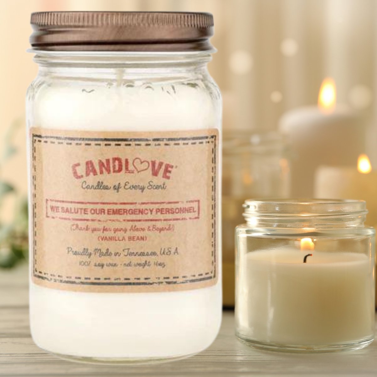 Picture of PPI SUPPLIES Vanilla-EM-C Candlove Vanilla We Salute Emergency Personell Scented Candle - Non-Toxic 100% Soy Candle - Handmade & Hand Poured Long Burning Candle - Highly Scented All Natural Clean Burning Candle (16 OZ Mason Jar) Made in The USA