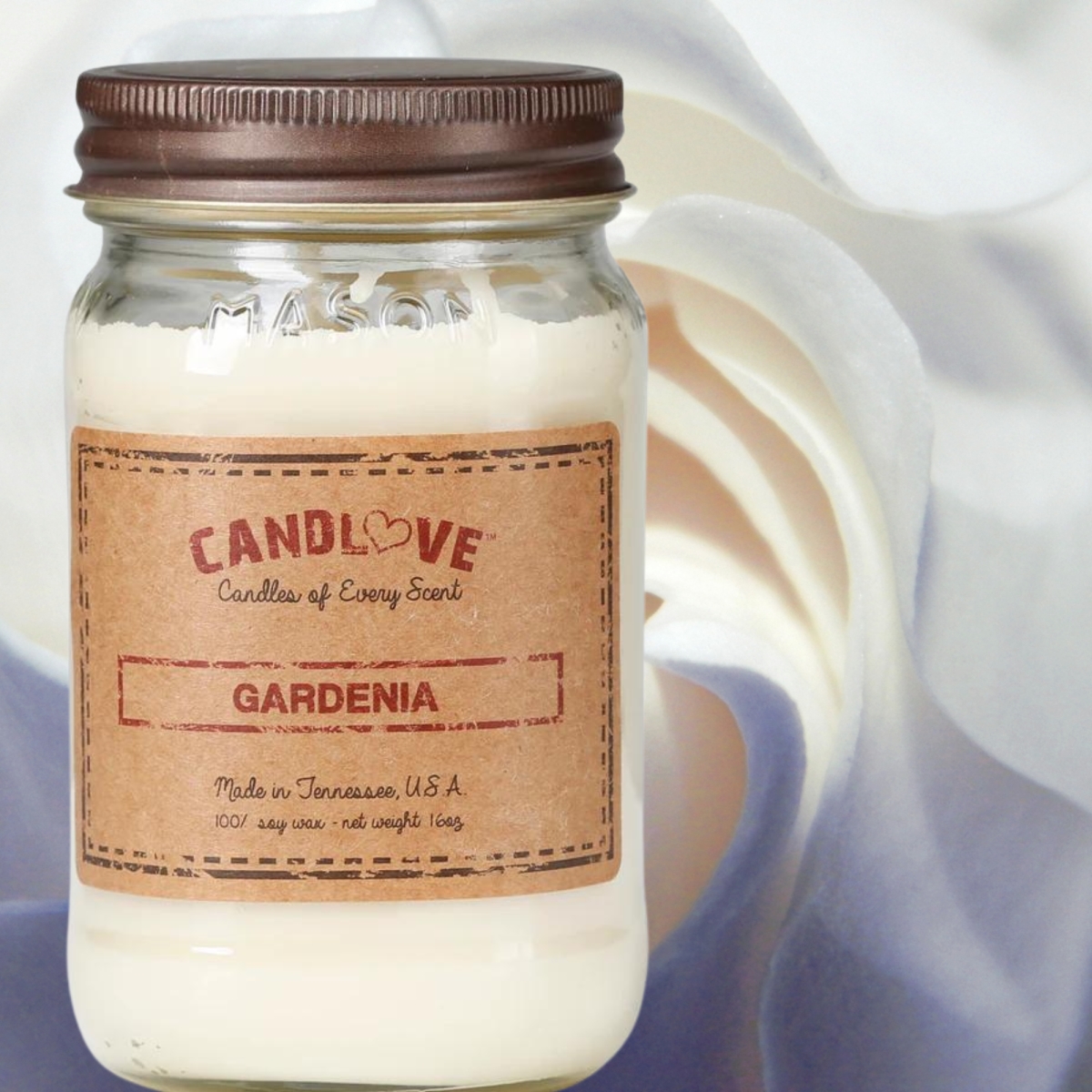 Picture of PPI SUPPLIES Gardenia-C Candlove Gardenia Scented Candle - Non-Toxic 100% Soy Candle - Handmade & Hand Poured Long Burning Candle - Highly Scented All Natural Clean Burning Candle (16 OZ Mason Jar) Made in The USA