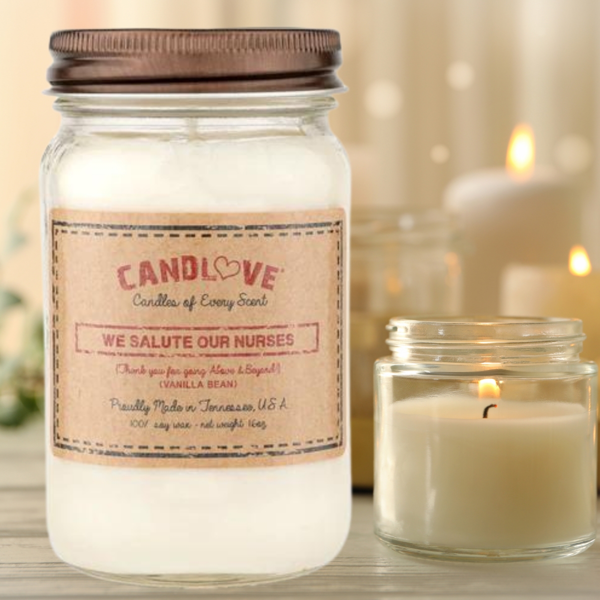 Picture of PPI SUPPLIES Vanilla-N-C Candlove Vanilla We Salute Nurses Scented Candle - Non-Toxic 100% Soy Candle - Handmade & Hand Poured Long Burning Candle - Highly Scented All Natural Clean Burning Candle (16 OZ Mason Jar) Made in The USA