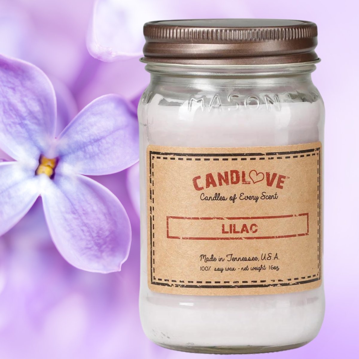 Picture of PPI SUPPLIES Lilac-C Candlove Lilac Scented Candle - Non-Toxic 100% Soy Candle - Handmade & Hand Poured Long Burning Candle - Highly Scented All Natural Clean Burning Candle (16 OZ Mason Jar) Made in The USA