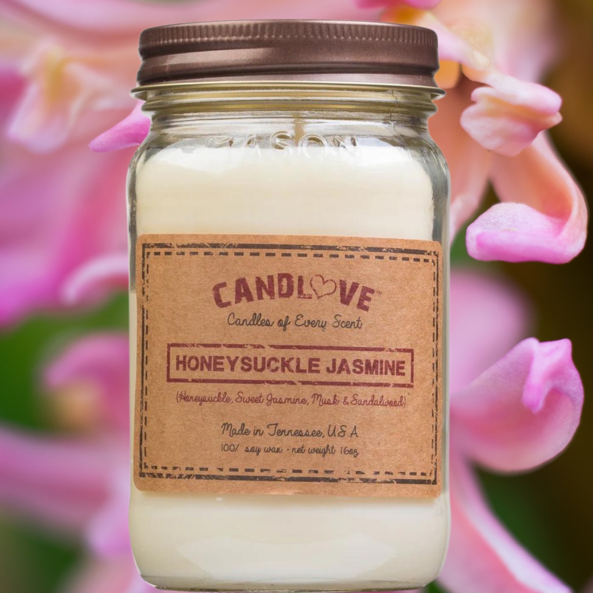 Picture of PPI SUPPLIES Honey-S-J-C Candlove Honey Suckle Jasmine Scented Candle - Non-Toxic 100% Soy Candle - Handmade & Hand Poured Long Burning Candle - Highly Scented All Natural Clean Burning Candle (16 OZ Mason Jar) Made in The USA