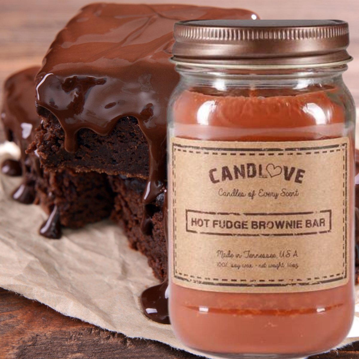 Picture of PPI SUPPLIES Hot-F-BB-C Candlove Hot Fudge Brownie Bar Scented Candle - Non-Toxic 100% Soy Candle - Handmade & Hand Poured Long Burning Candle - Highly Scented All Natural Clean Burning Candle (16 OZ Mason Jar) Made in The USA