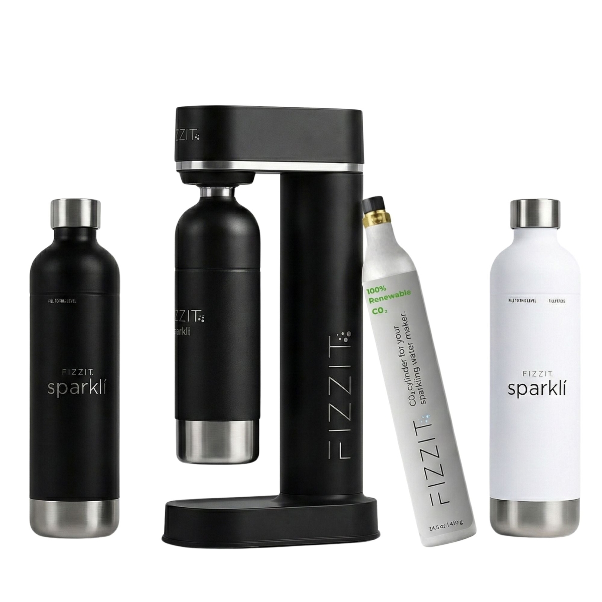 Picture of FIZZIT SPB-1C-1SSBW FIZZIT Duo Hydration Set (Includes soda maker, 1 CO2 cylinder & 2 stainless bottles (Black + White)