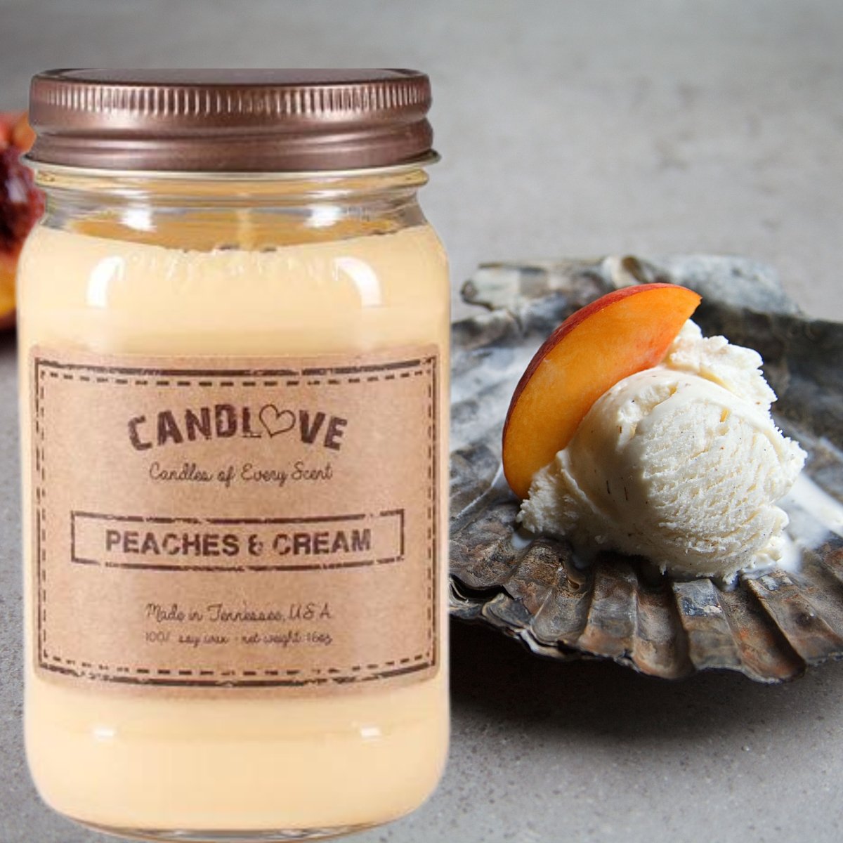 Picture of PPI SUPPLIES Peaches-C-C Candlove Peaches Cream Scented Candle - Non-Toxic 100% Soy Candle - Handmade & Hand Poured Long Burning Candle - Highly Scented All Natural Clean Burning Candle (16 OZ Mason Jar) Made in The USA