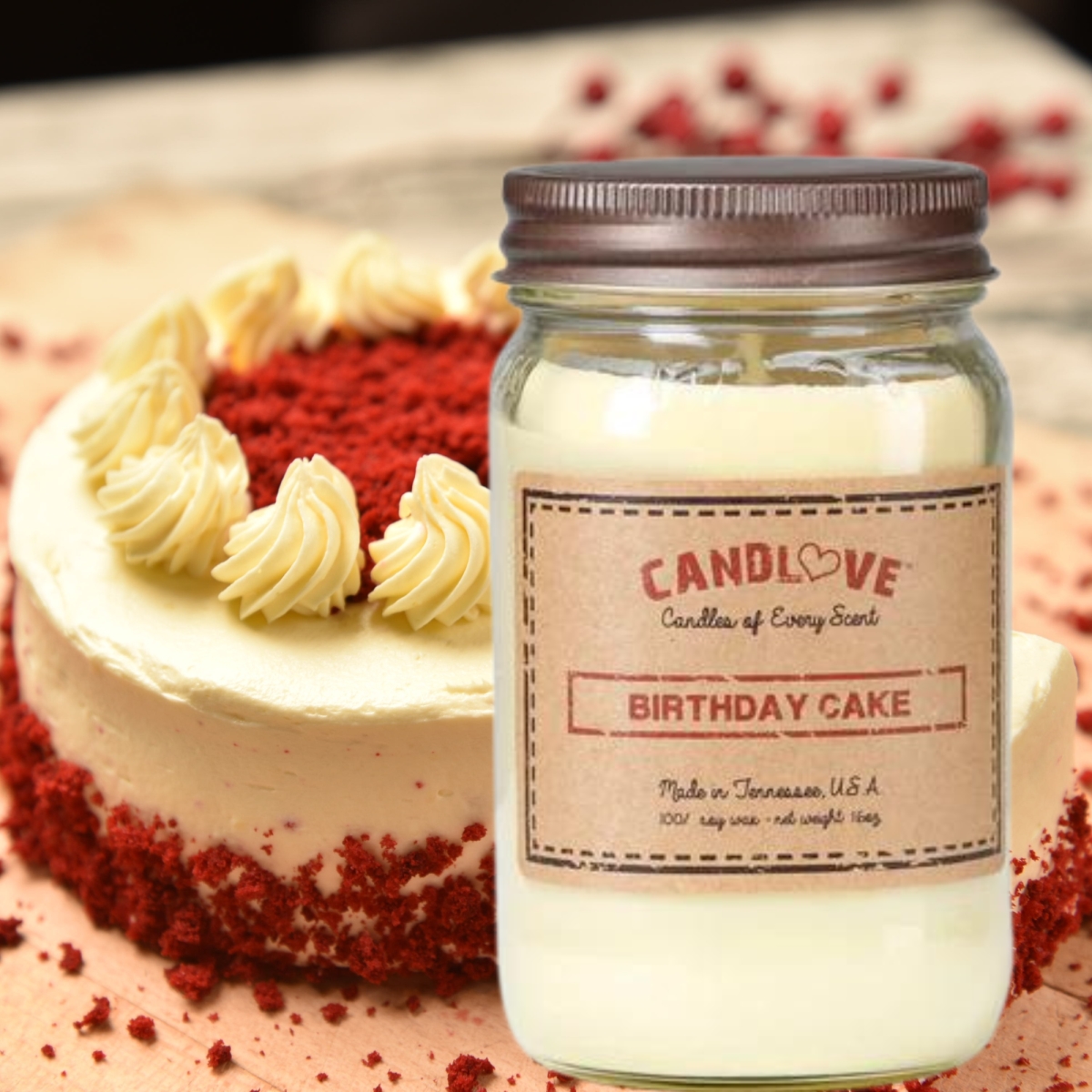 Picture of PPI SUPPLIES Birthday-C-C Candlove Birthday Cake Scented Candle - Non-Toxic 100% Soy Candle - Handmade & Hand Poured Long Burning Candle - Highly Scented All Natural Clean Burning Candle (16 OZ Mason Jar) Made in The USA
