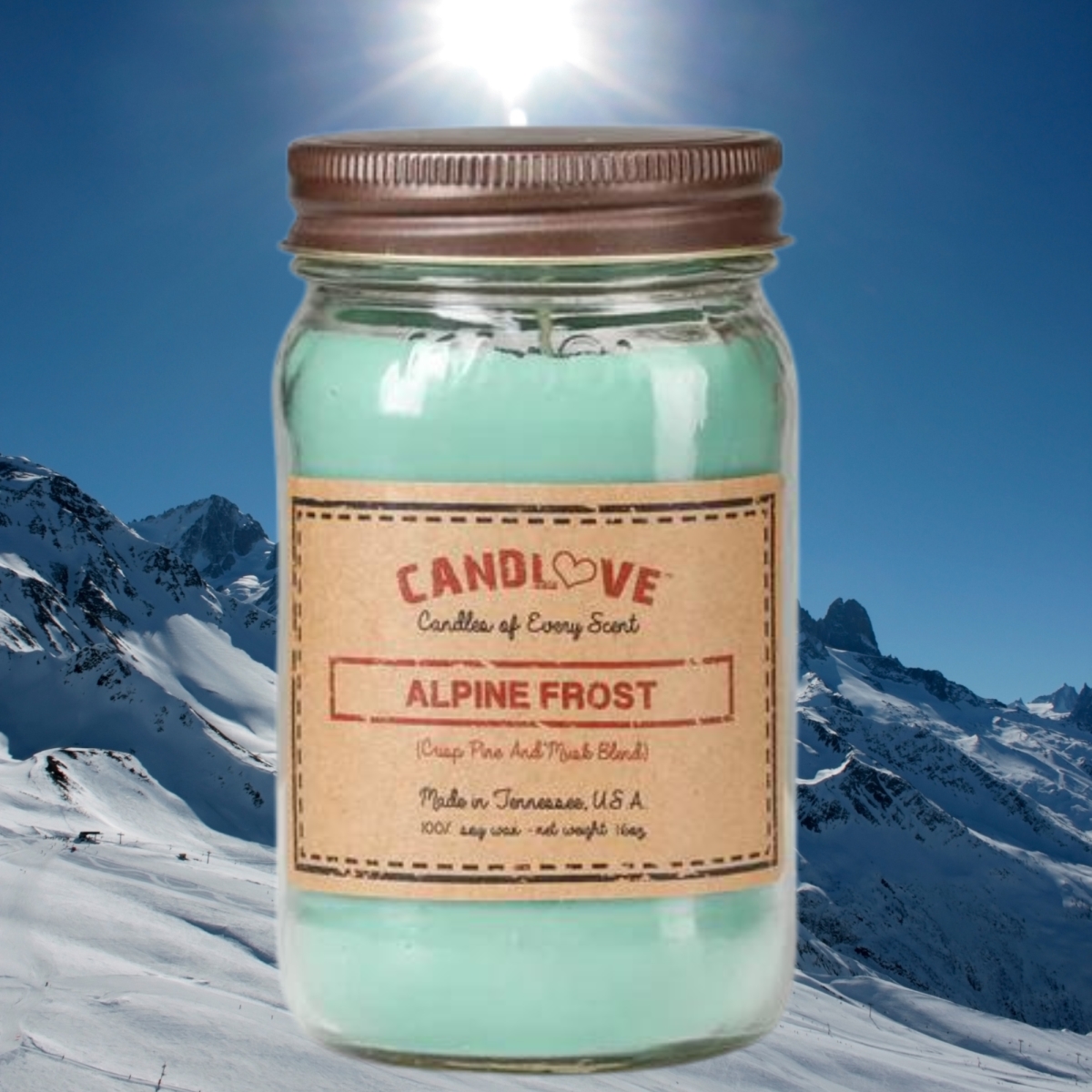 Picture of PPI SUPPLIES Alpine- F-C Candlove Alpine Frost Scented Candle - Non-Toxic 100% Soy Candle - Handmade & Hand Poured Long Burning Candle - Highly Scented All Natural Clean Burning Candle (16 OZ Mason Jar) Made in The USA