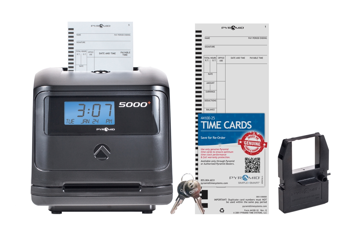 Picture of Pyramid Time Systems 5000 100 Employees Heavy Duty Auto Totaling Time Clock, Black