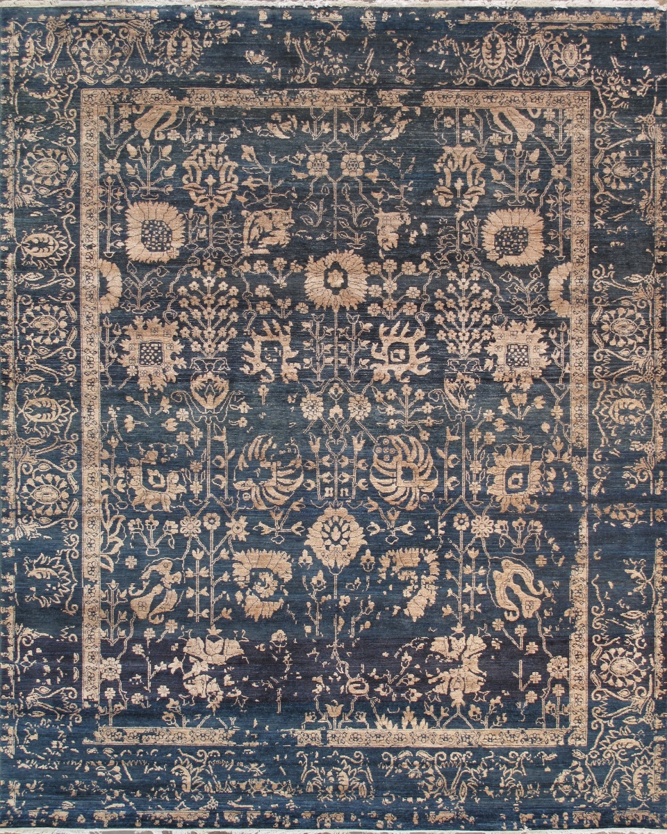 Transitional Collection Hand-Knotted Blue Bsilk & Wool Area Rug- 8' 0' X 9'10'
