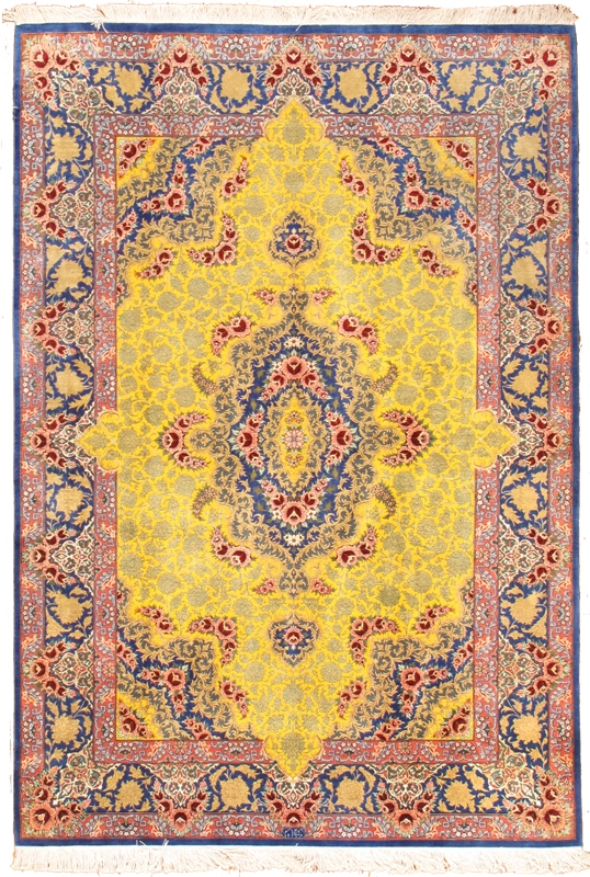 Azerbaijan Collection Hand-Knotted Pure Silk Area Rug- Yellow