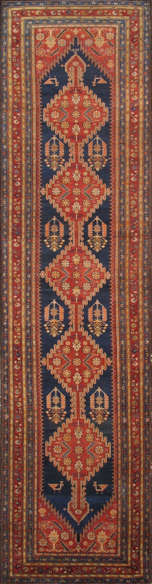 024784 Antique Azerbaijan Navy Lamb's Wool Area Rug- 4 ft. 0 in.  X 14 ft. 0 in.