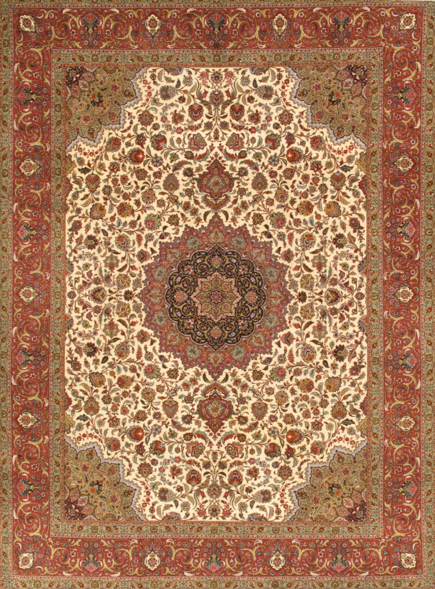 One-of-a-Kind Tabriz Hand-Knotted Ivory/Brown/Red 9'10"" x 13'8"" Area Rug -  Pasargad, 20975