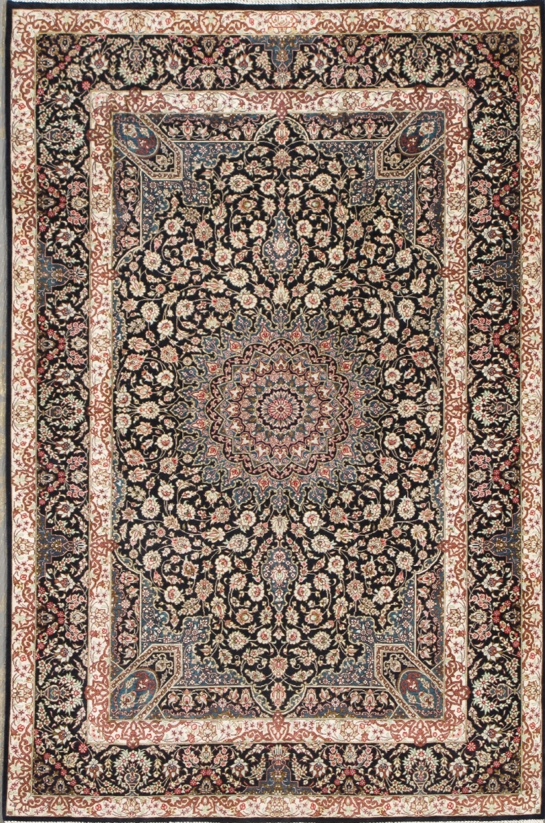 Azerbaijan Collection Hand-Knotted Pure Silk Area Rug- Black