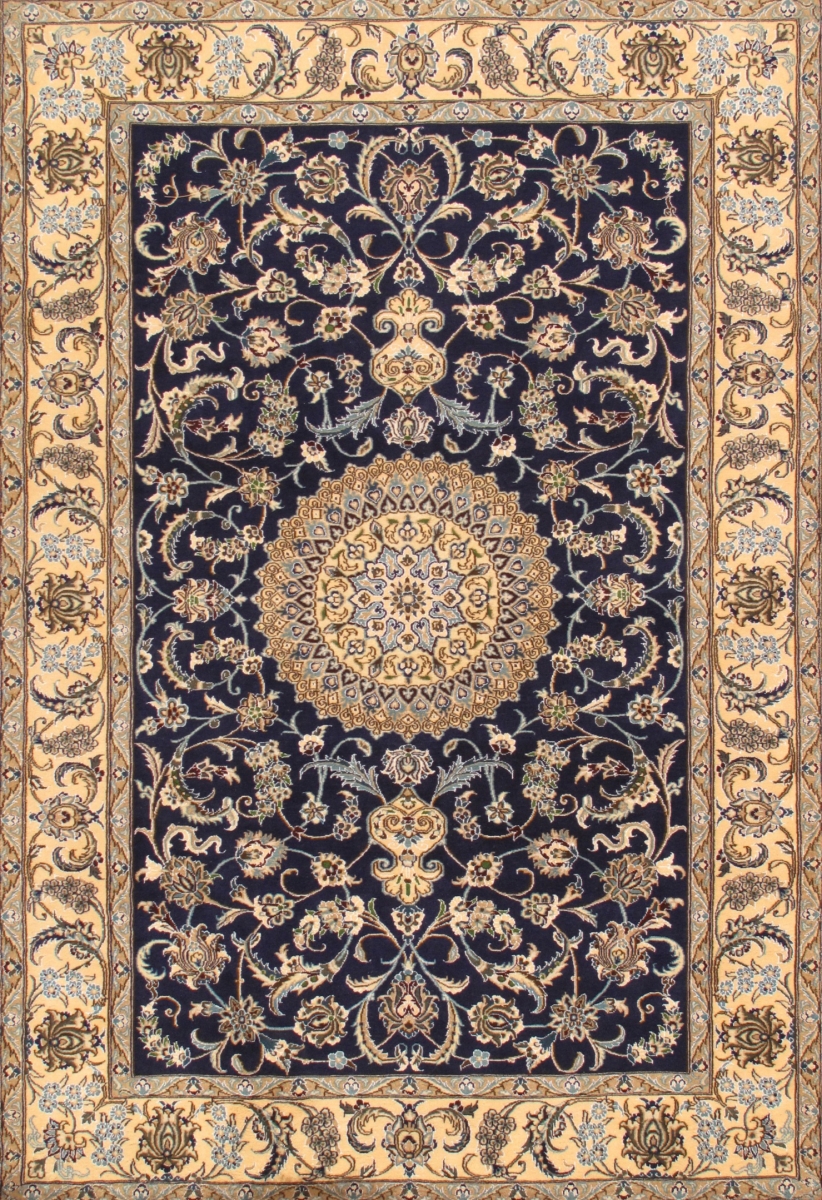 030815 Azerbaijan Collection Hand-Knotted Silk & Wool Area Rug- 6 ft. 5 in.  X 9 ft. 9 in.   Navy