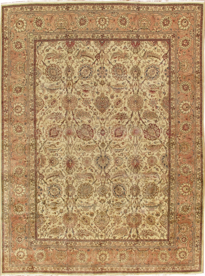 Antique Tabriz Collection Beige Lamb's Wool Area Rug- 9'10' X 12' 9'