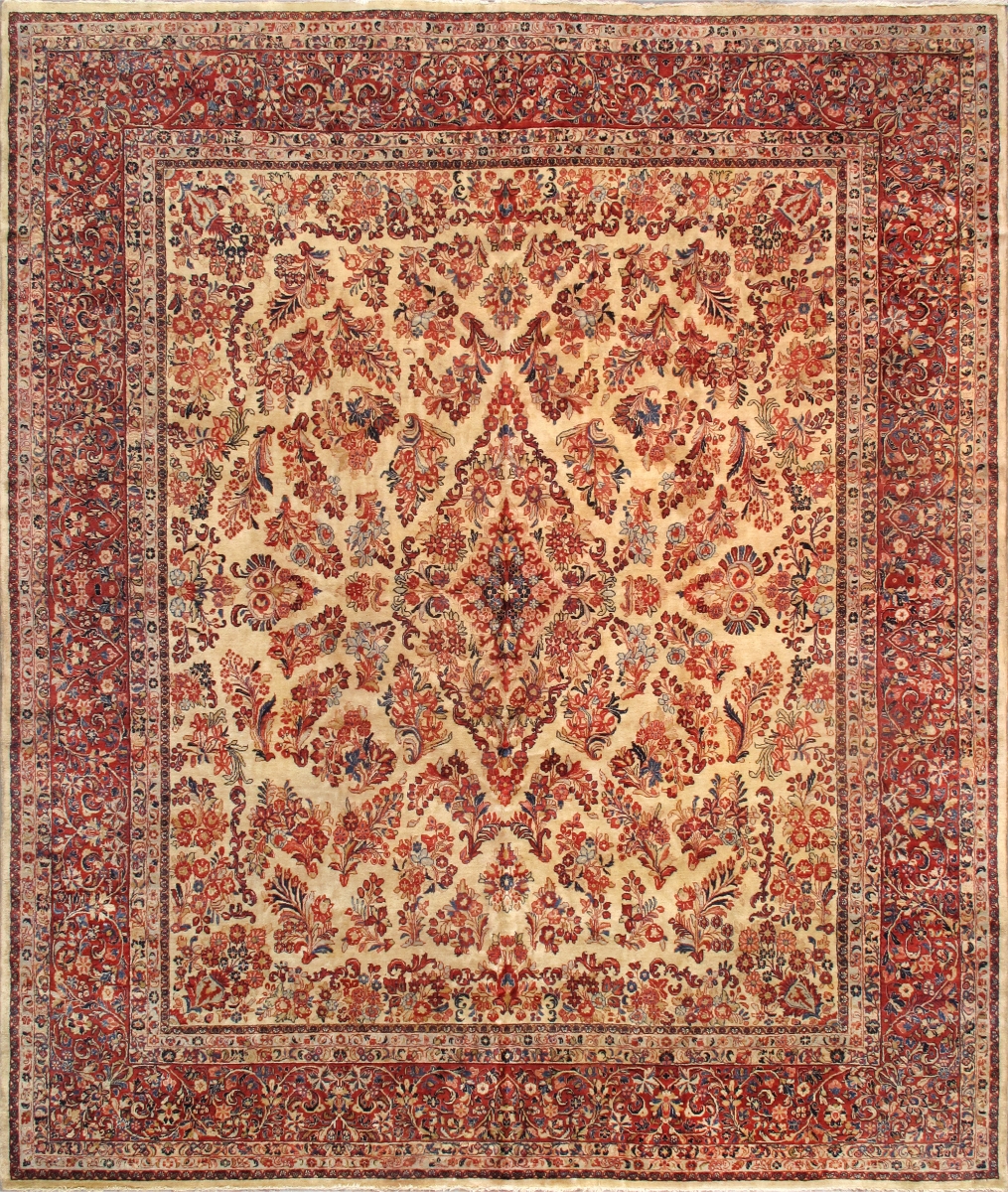 039392  Antique Sarouk Collection Hand-Knotted Lamb's Wool Area Rug-11'10' X 13'11', Ivory/Burgundy -  Pasargad Home