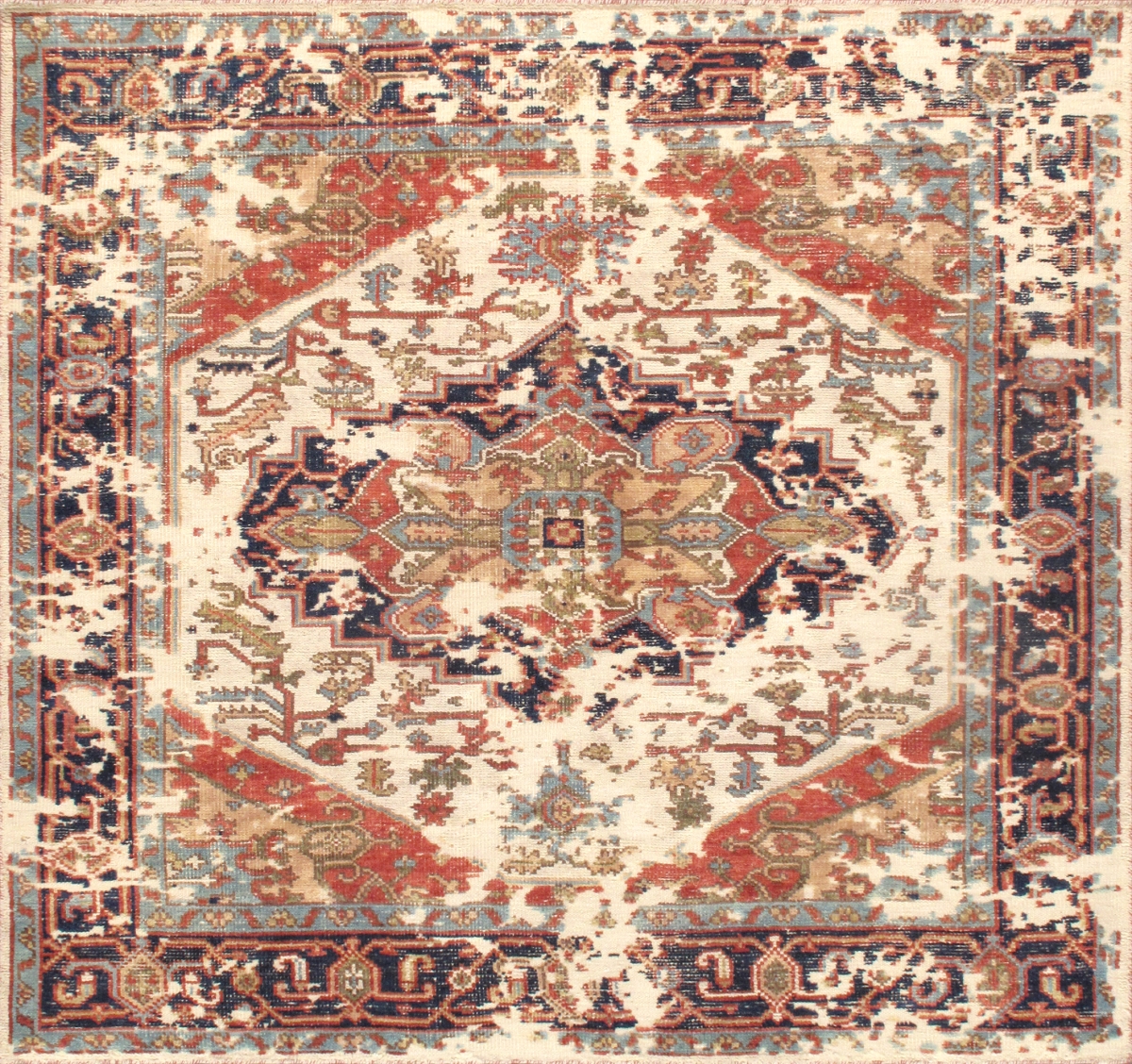PMH-1 10x10  Serapi Collection Hand-Knotted Ivory/Navy Wool Area Rug- 9'11' X 9'11'
