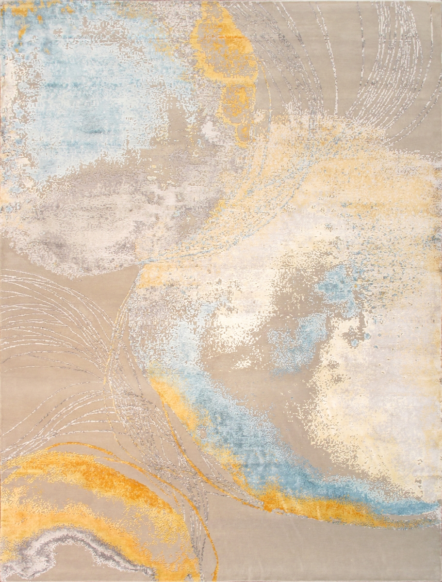 Modern Collection Hand-Knotted Silk & Wool Abstract Area Rug-10' 2' X 14' 2' - Beige/Grey