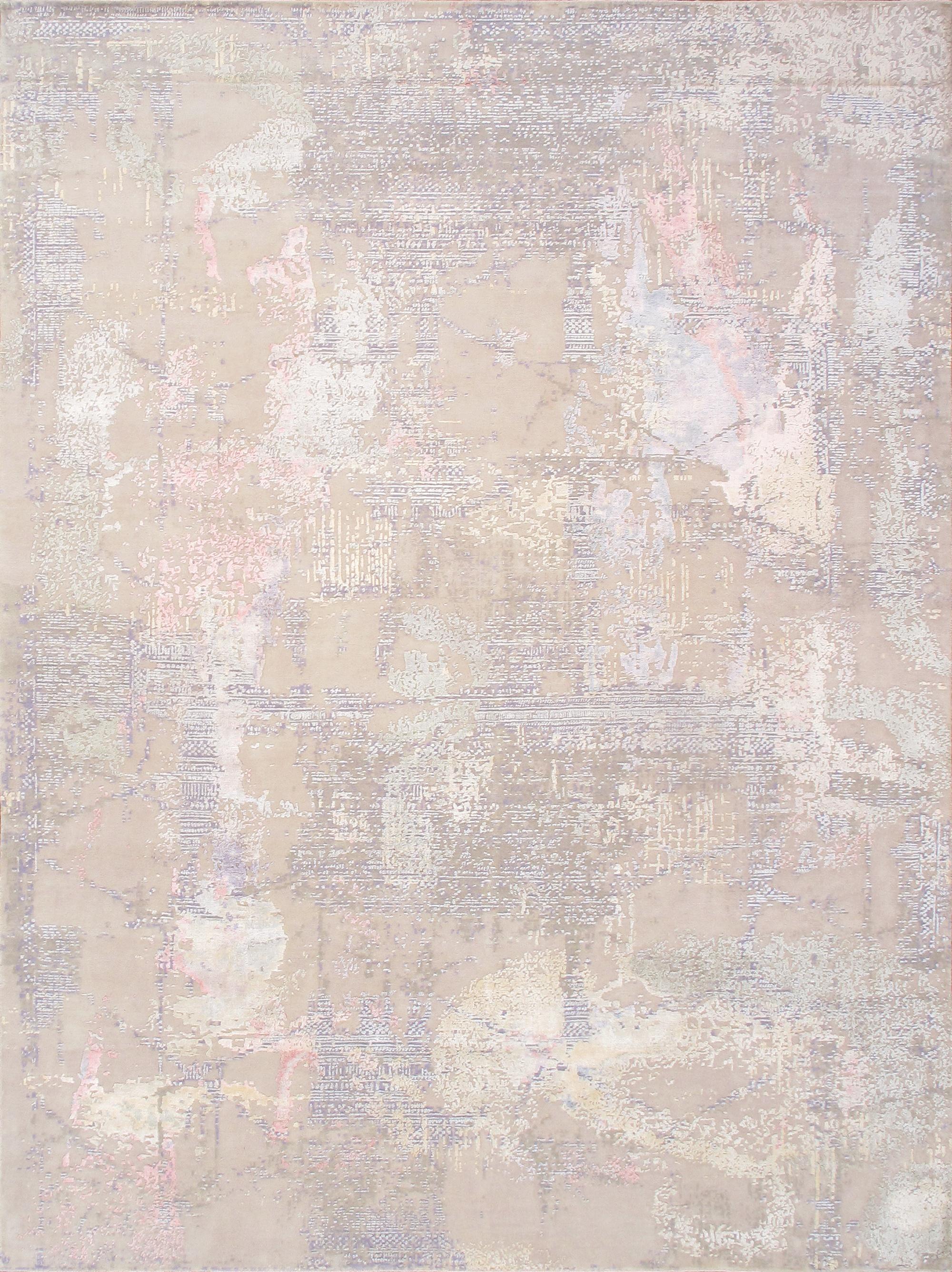 Modern Collection Hand-Knotted Silk & Wool Abstract Area Rug-10' 5' X 14' 3' - Beige/Grey