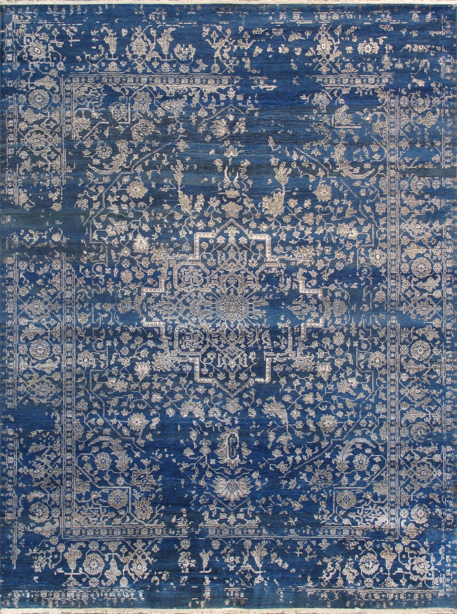 Transitional Collection Hand Knotted Bsilk & Wool Area Rug - Blue/Silver - 9' 0' X 11'10'