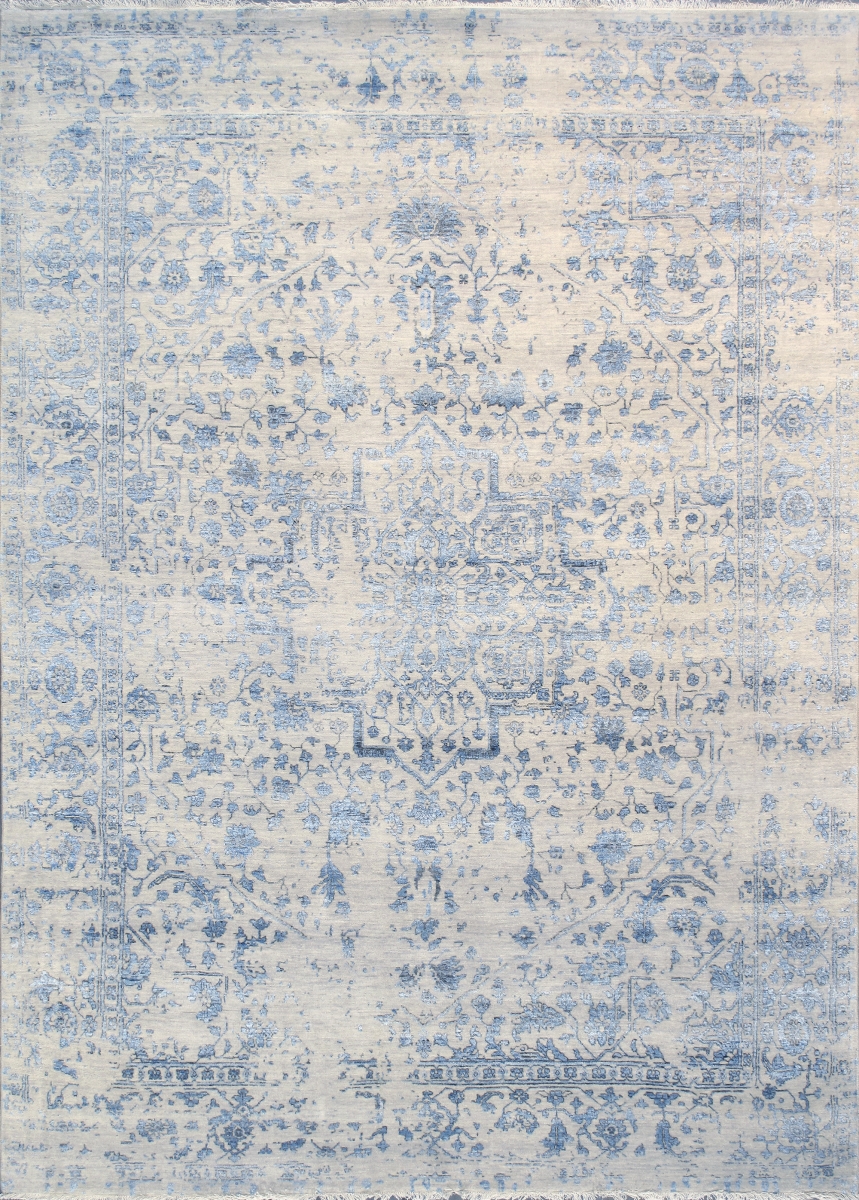 Transitional Collection Hand Knotted Bsilk & Wool Area Rug - Silver/Blue - 8' 5' X 11' 8'