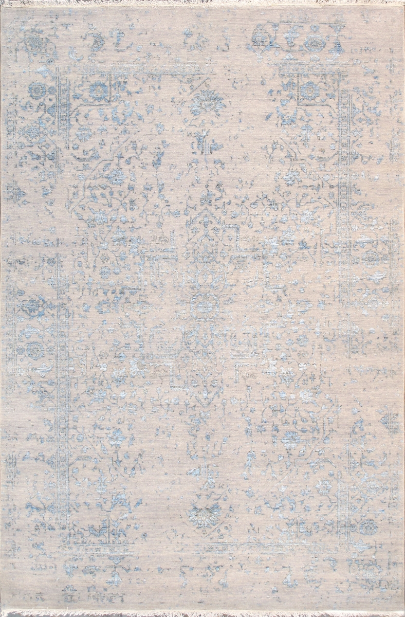 Transitional Collection Hand Knotted Bsilk & Wool Area Rug - Silver/L. Blue - 5'11' X 9' 0'