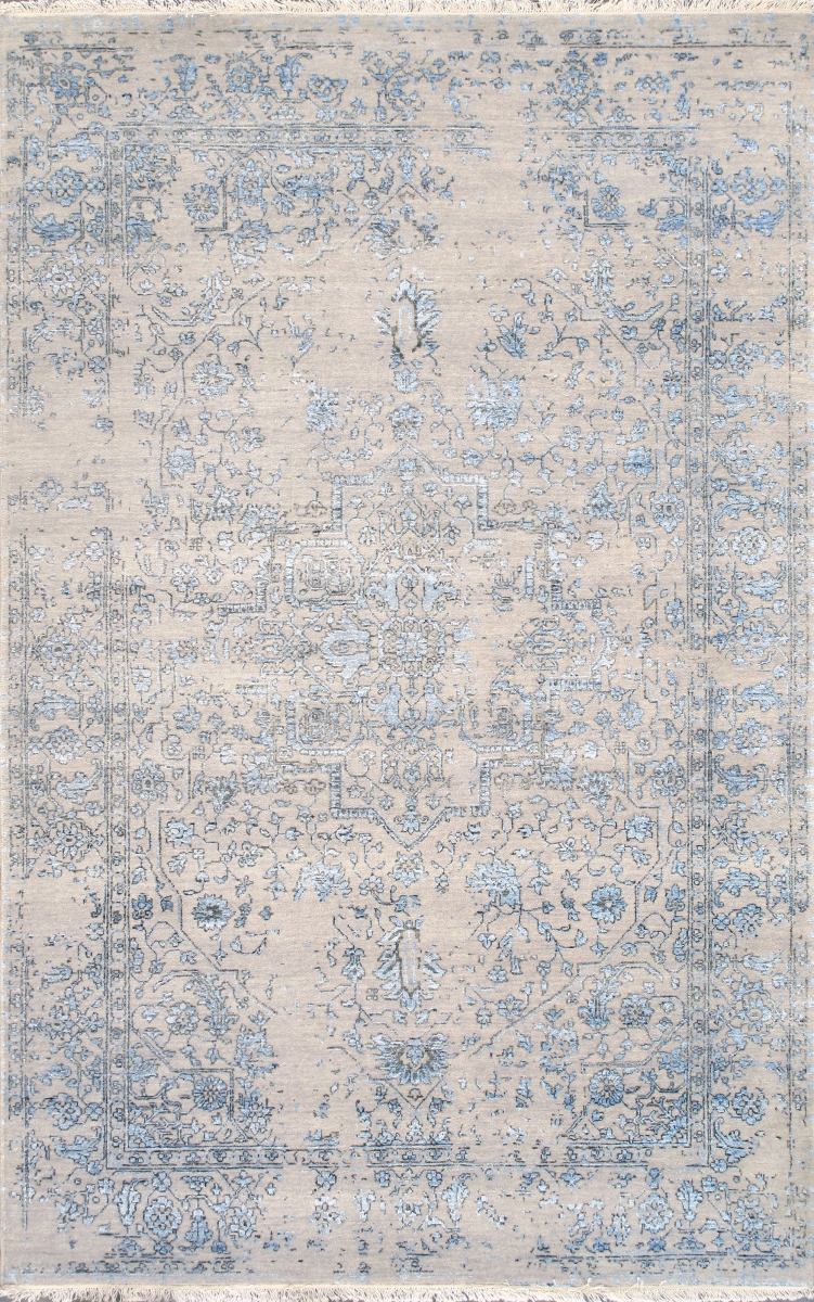 Transitional Collection Hand Knotted Bsilk & Wool Area Rug - Silver/L. Blue - 5' 9' X 9' 0'