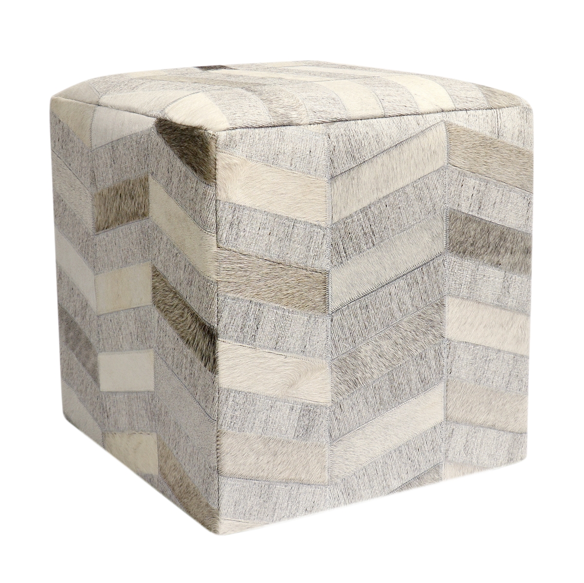 Galaxy Cowhide & Sari Silk Pouf Ottoman, Silver