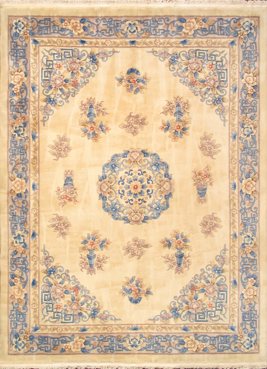 Art Deco Collection Hand-Knotted Ivory Wool Area Rug- 8'10' X 11'10'
