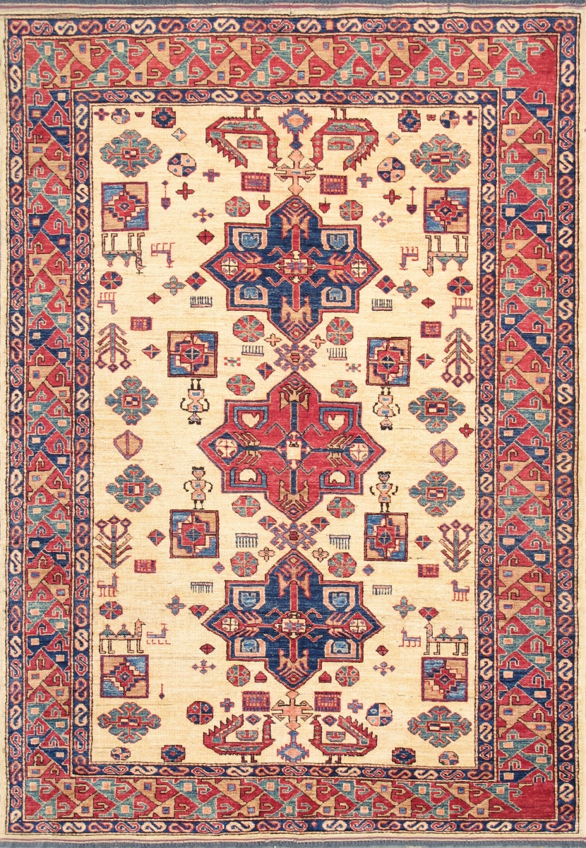 Kazak Collection Hand-Knotted Lamb's Wool Ivory Area Rug- 6' 1' X 8' 9'